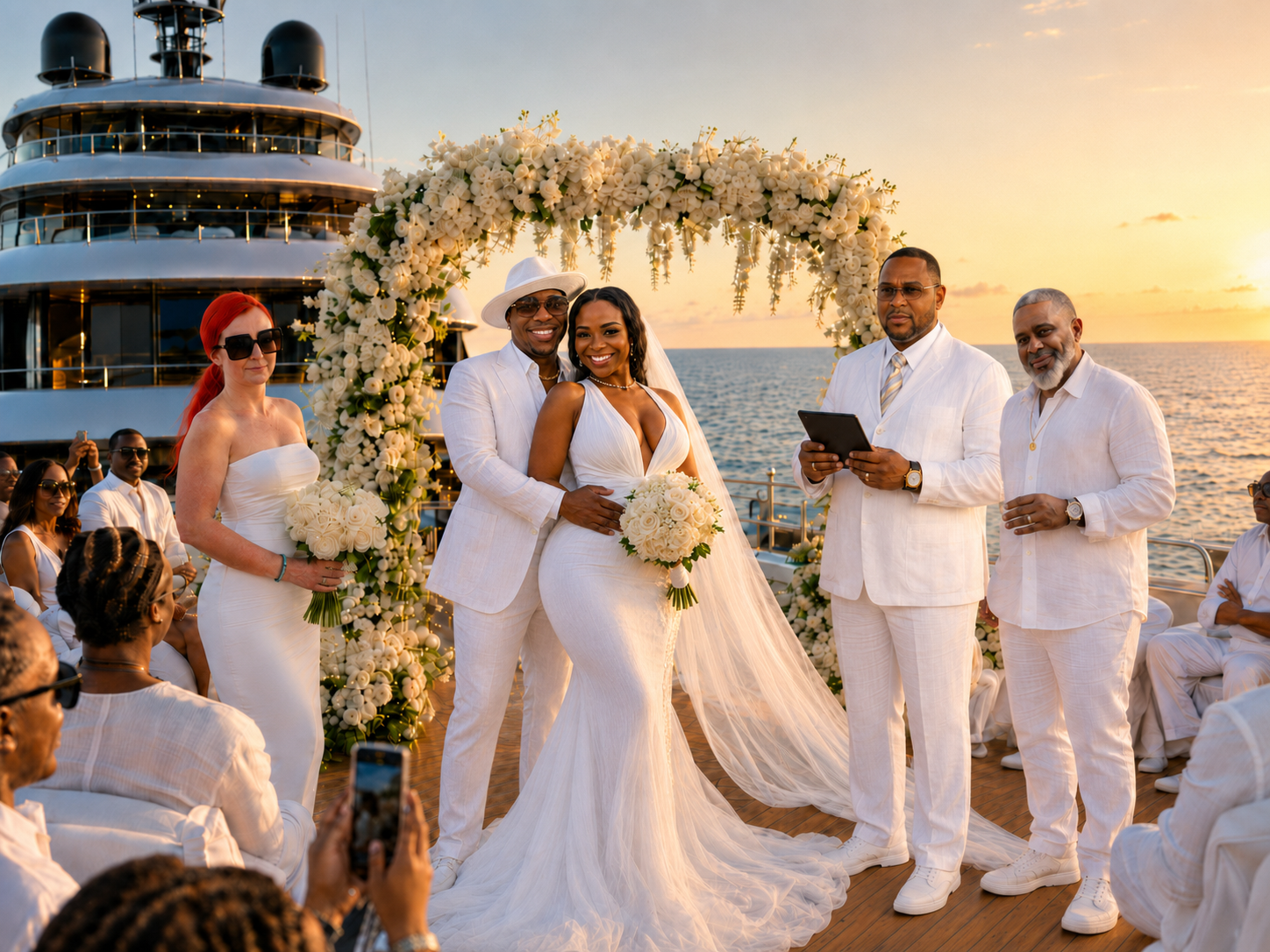 Syre and Melondy exchanging vows under a floral arch aboard the yacht at sunset