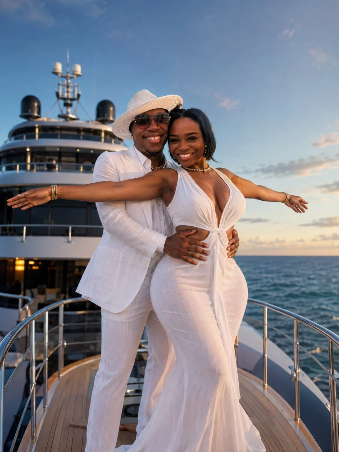 Syre and Melondy aboard a luxury yacht at sunset