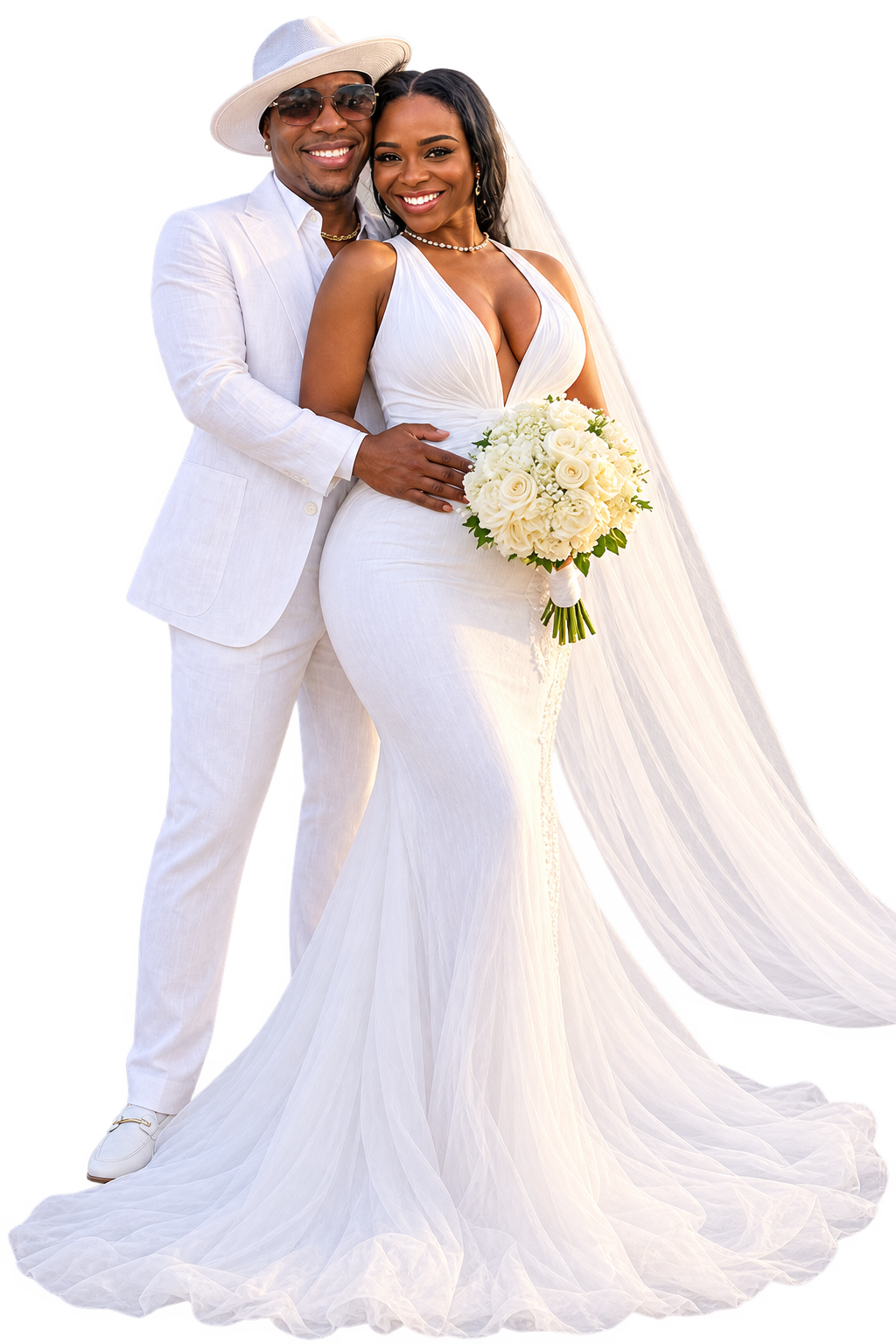 Syre and Melondy embracing in white wedding attire